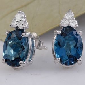 4.60ct Blue Topaz and Diamond 14KW Gold Earrings